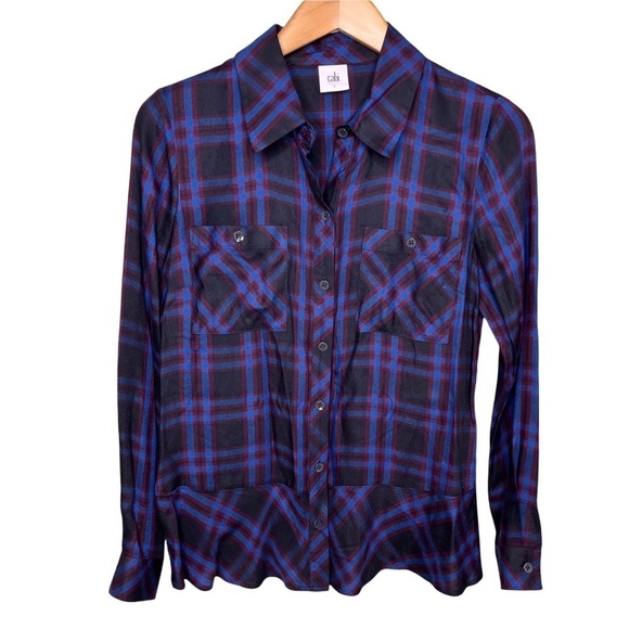 CAbi Moody Peplum Hem Plaid Shirt Black Blue Size Small Style 3431 - Picture 3 of 9